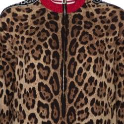 Pre Owned Dolce & Gabbana Brown Animal Printed Silk Contrast Trim Detail Zip Front Jacket S