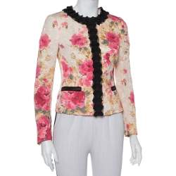 مملوكة مسبقًا Dolce & Gabbana Cream Floral Jacquard Contrast Trim Detail Button Front Round Neck Jacket S