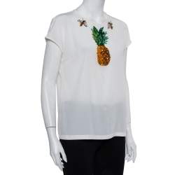 Pre Owned Dolce & Gabbana Cream Silk Sequin Embellished Trim Blouse M