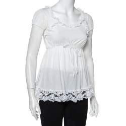 Pre Owned Dolce & Gabbana White Knit Lace Trim Waist Tie Detail Top M