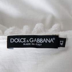 Pre Owned Dolce & Gabbana White Knit Lace Trim Waist Tie Detail Top M