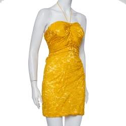 Dolce & Gabbana Yellow Lace Draped Strapless Mini Dress S