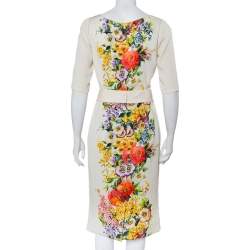 Pre Owned طقم تنورة طول ركبة وتوب دولتشي أند غابانا حرير طباعة فلورت كريمي مقاس متوسط