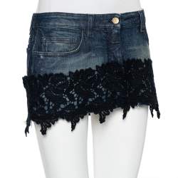 مملوكة مسبقًا تنورة دولتشي أند غابانا ميني تفاصيل دانتيل دنيم أزرق مقاس متوسط