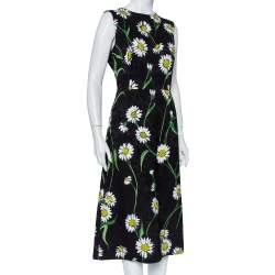 Pre Owned Dolce & Gabbana Black Floral Jacquard Daisy Printed Sleeveless Midi Dress L