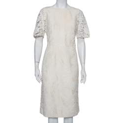 Pre Owned Dolce & Gabbana Cream Jacquard Crochet Trim Detail Midi Dress L