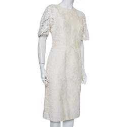 Pre Owned Dolce & Gabbana Cream Jacquard Crochet Trim Detail Midi Dress L