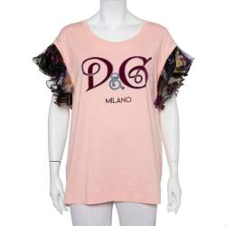 Pre Owned Dolce & Gabbana Pink Logo Printed Cotton Ruffled Sleeve Detail T-Shirt M