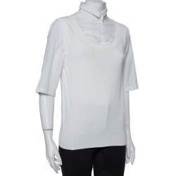 Pre Owned Dolce & Gabbana White Knit Sleeveless Overlay Detail Collared Top L