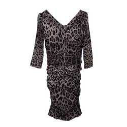 Pre Owned Dolce & Gabbana Grey Animal Printed Ruched Midi Dress M
