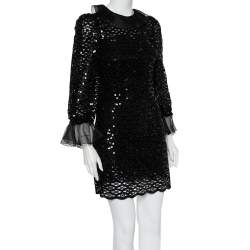 Pre Owned Dolce & Gabbana Black Sequin Embellished Ruffled Trim Shift Dress S 
