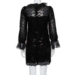 Pre Owned Dolce & Gabbana Black Sequin Embellished Ruffled Trim Shift Dress S 