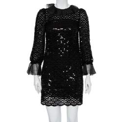 Pre Owned Dolce & Gabbana Black Sequin Embellished Ruffled Trim Shift Dress S 