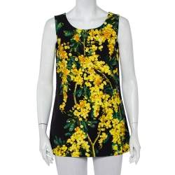 Pre Owned Dolce & Gabbana Black Acacia Printed Cotton Crystal Embellished Tunic Top M
