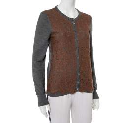Pre Owned Dolce & Gabbana Grey Wool Contrast Lace Trim Button Front Cardigan M