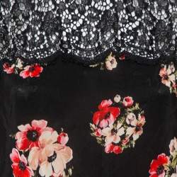 Pre Owned Dolce & Gabbana Black Floral Printed Silk & Lace Paneled Top M