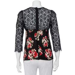 Pre Owned Dolce & Gabbana Black Floral Printed Silk & Lace Paneled Top M