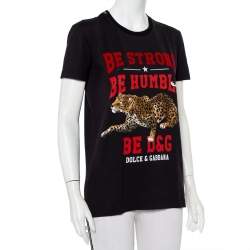 مملوكة مسبقًا تي شيرت دولتشي أند غابانا رقبة مستديرة قطن مطبوع نقشة الفهد أسود مقاس صغير (سمول)