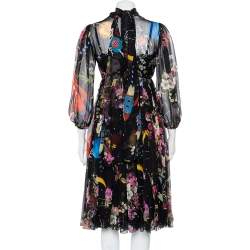 مملوكة مسبقًا فستان ميدي دولتشي أند غابانا حرير أسود مطبوع بربطة عنق مقاس متوسط - ميديوم