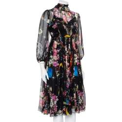 مملوكة مسبقًا فستان ميدي دولتشي أند غابانا حرير أسود مطبوع بربطة عنق مقاس متوسط - ميديوم