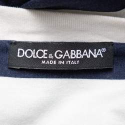 Pre Owned Dolce & Gabbana White & Navy Blue Striped Cotton Patch Detail Crewneck T-Shirt M