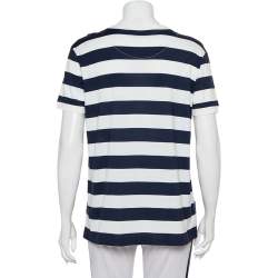 Pre Owned Dolce & Gabbana White & Navy Blue Striped Cotton Patch Detail Crewneck T-Shirt M