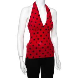 Pre Owned Dolce & Gabbana Red Polka Dotted Silk Halterneck Top S