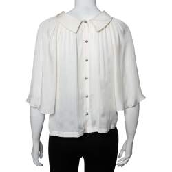 Pre Owned Dolce & Gabbana off White Silk Embellished Button Detail Bell Sleeve Top S