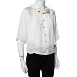 Pre Owned Dolce & Gabbana off White Silk Embellished Button Detail Bell Sleeve Top S