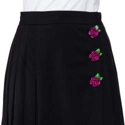 Pre Owned Dolce & Gabbana Black Wool Rose Applique Detail Pleated Midi Skirt S