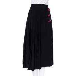 Pre Owned Dolce & Gabbana Black Wool Rose Applique Detail Pleated Midi Skirt S
