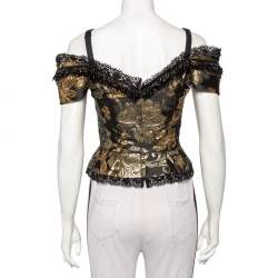 Pre Owned توب دولتشي أند غابانا كورسيه  جاكارد ذهبي وأسود بلا أكتاف تفاصيل خرز مقاس صغير - سمول 