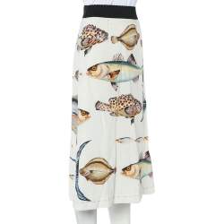 مملوكة مسبقًا Dolce & Gabbana Cream Fish Printed Crepe A-Line Midi Skirt S