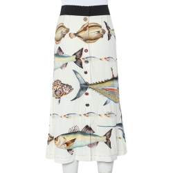 مملوكة مسبقًا Dolce & Gabbana Cream Fish Printed Crepe A-Line Midi Skirt S