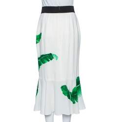 Pre Owned Dolce & Gabbana White Banana Leaf Printed Crepe Flared Hem Midi Skirt M