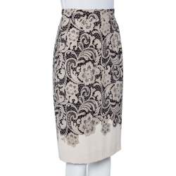 Pre Owned تنورة مستقيمة دولتشي أند غابانا كريب دانتيل كريمي مطبوع مقاس صغير - سمول