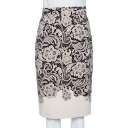 Pre Owned تنورة مستقيمة دولتشي أند غابانا كريب دانتيل كريمي مطبوع مقاس صغير - سمول