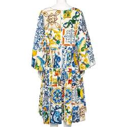 Pre Owned Dolce & Gabbana Multicolor Majolica Printed Cotton Pleated Neckline Flared Midi Dress L