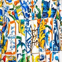 Pre Owned Dolce & Gabbana Multicolor Majolica Printed Cotton Pleated Neckline Flared Midi Dress L