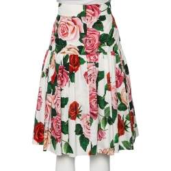 مملوكة مسبقًا Dolce & Gabbana White Rose Printed Cotton Flared Mini Skirt L