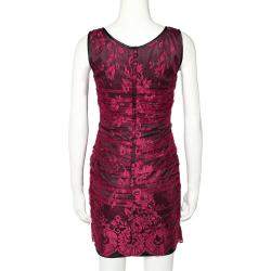 Pre Owned Dolce & Gabbana Magenta Lace Contrast Satin Trim Ruched Sleeveless Mini Dress S