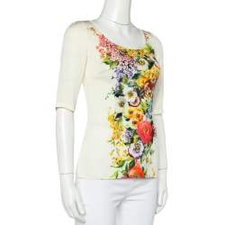 Pre Owned Dolce & Gabbana Cream Floral Printed Roundneck Top S