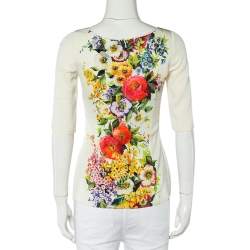 Pre Owned Dolce & Gabbana Cream Floral Printed Roundneck Top S