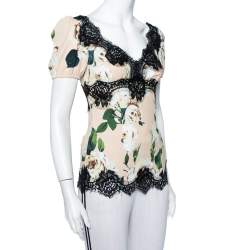Pre Owned Dolce & Gabbana Pink Floral Printed Crepe & Lace Trim Blouse XS