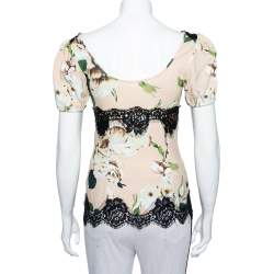 Pre Owned Dolce & Gabbana Pink Floral Printed Crepe & Lace Trim Blouse XS