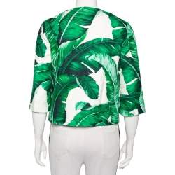 Pre Owned Dolce & Gabbana Green Banana Leaf Printed Jacquard Embellished Collarless Jacket S