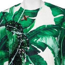Pre Owned Dolce & Gabbana Green Banana Leaf Printed Jacquard Embellished Collarless Jacket S