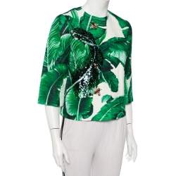 Pre Owned Dolce & Gabbana Green Banana Leaf Printed Jacquard Embellished Collarless Jacket S