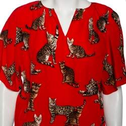 Pre Owned Dolce & Gabbana Red Cat Printed Silk Short Sleeve Blouse M