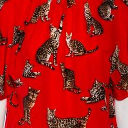 Pre Owned Dolce & Gabbana Red Cat Printed Silk Short Sleeve Blouse M